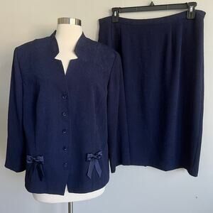 Dorby Skirt Suit Bow Pocket Detail Mock Collar Textured Paisley Navy Blue 18